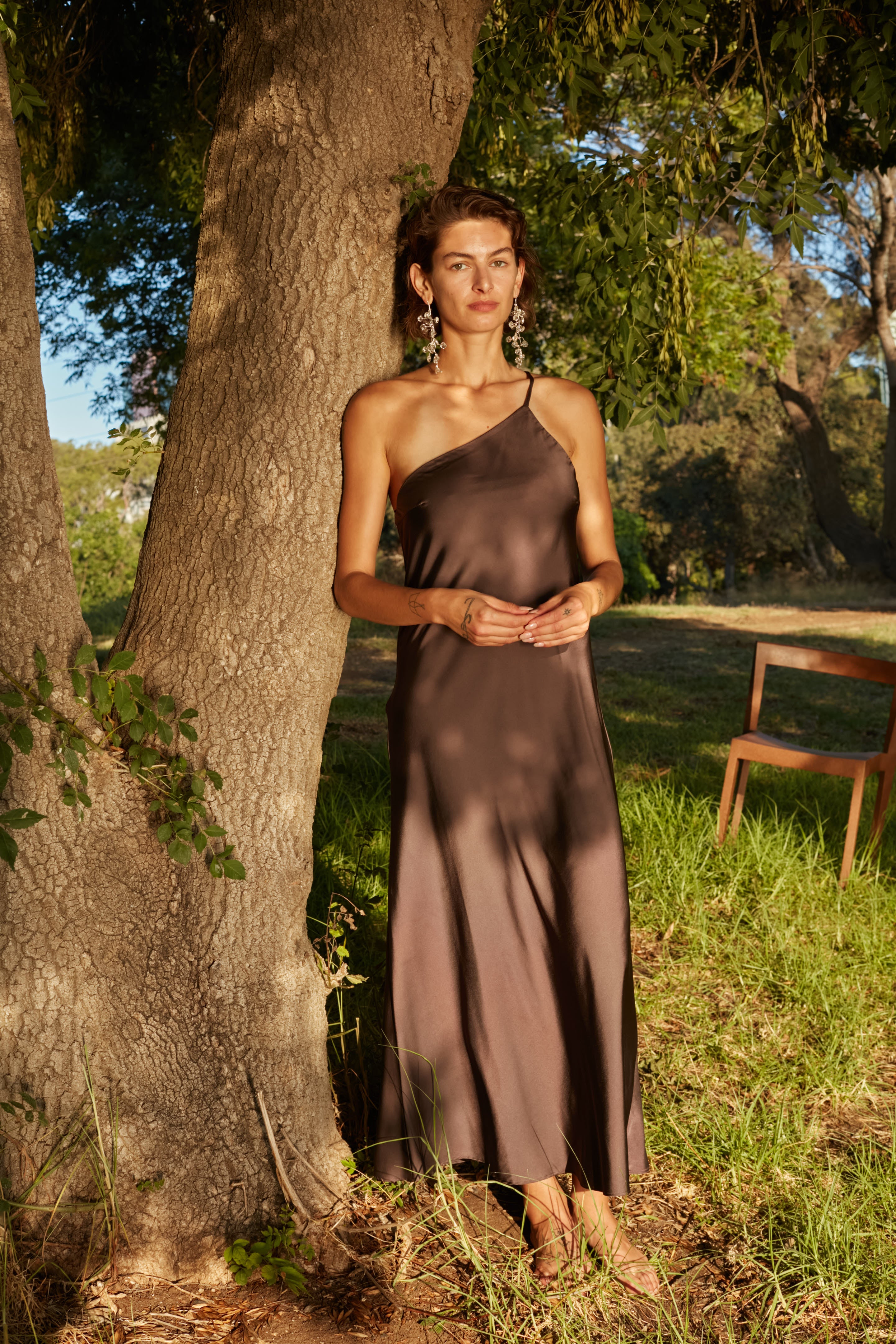 July one shoulder dress chocolate