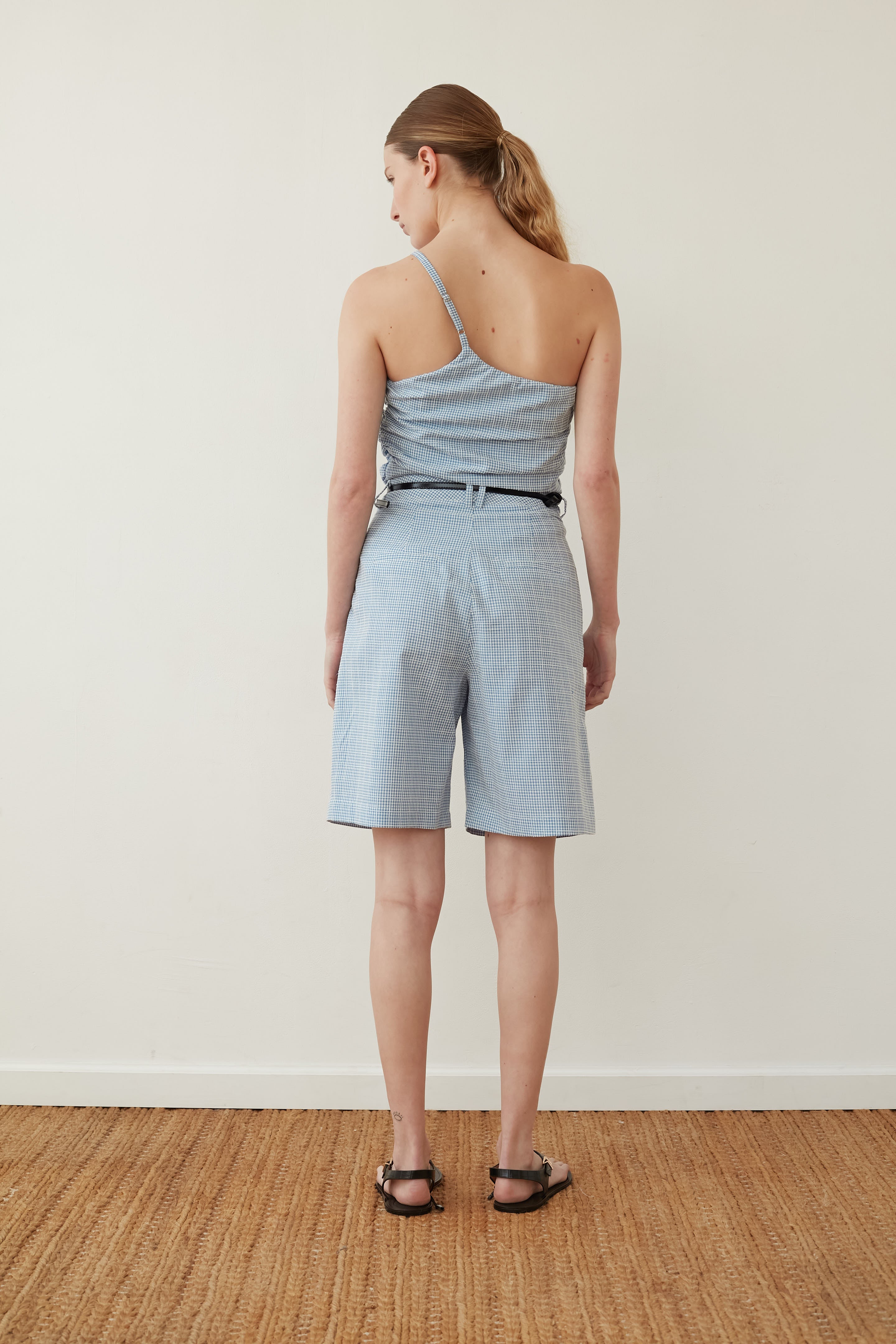 B ONE shoulder blue Plaid