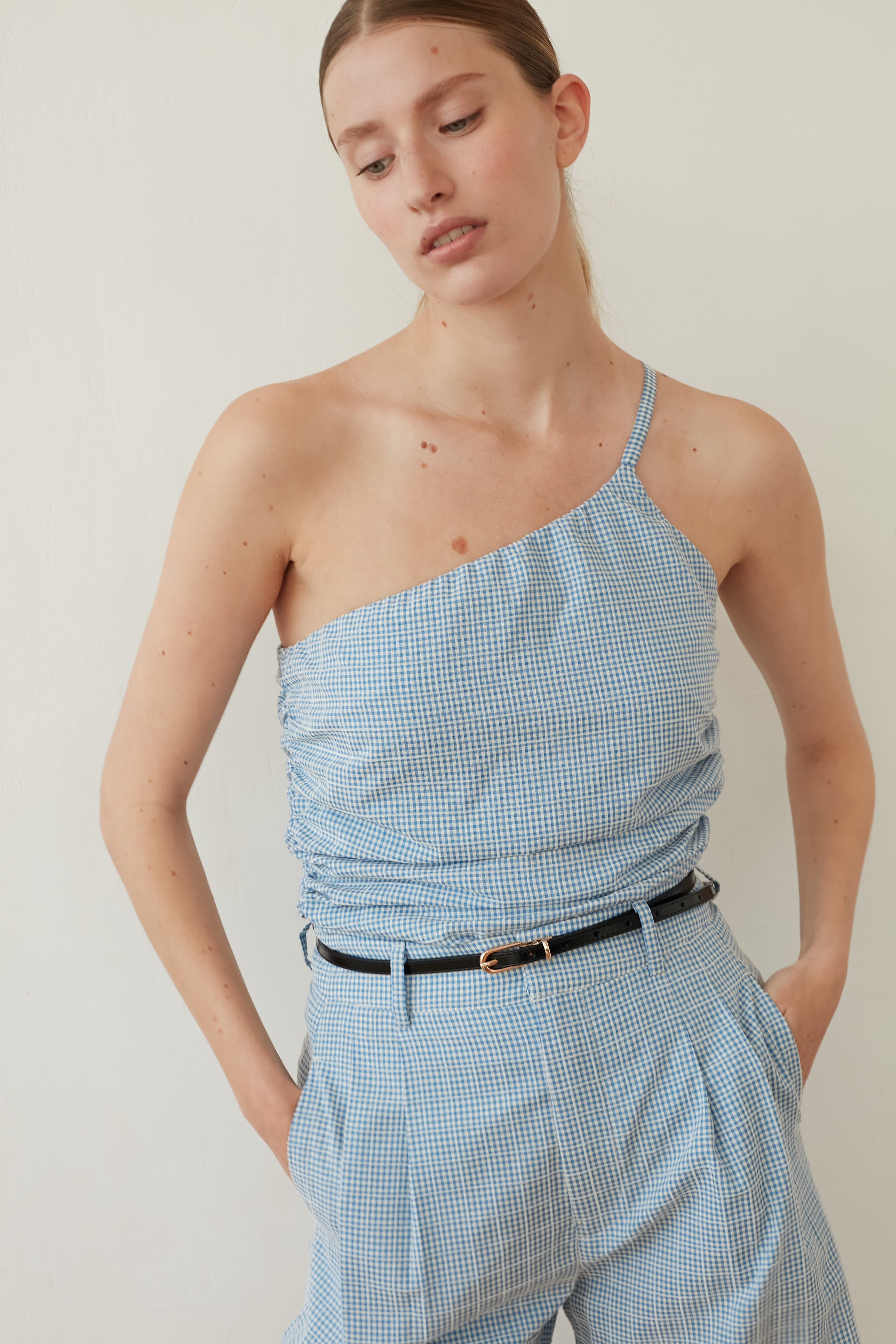 B ONE shoulder blue Plaid