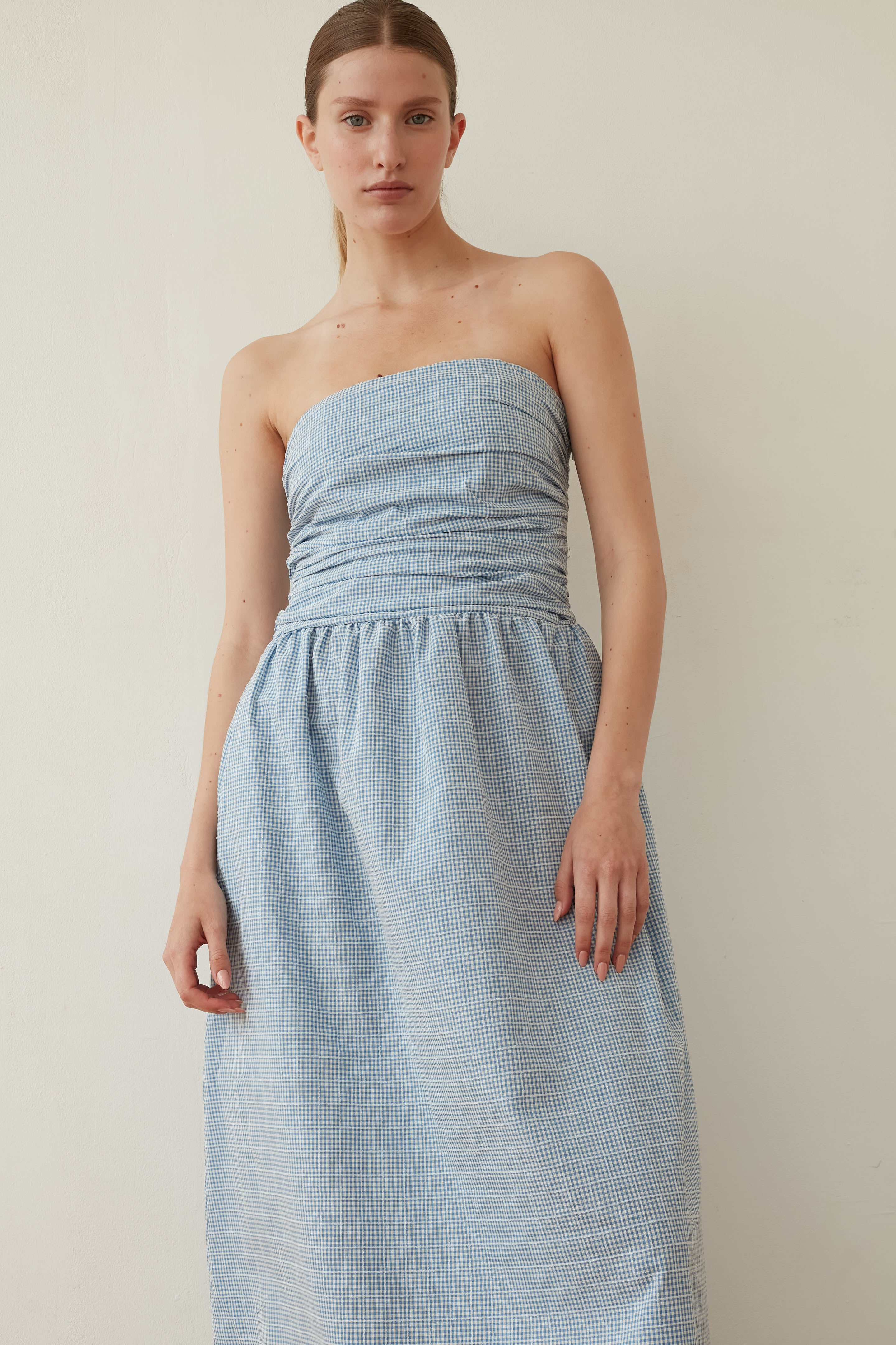 Strapless dress blue Plaid