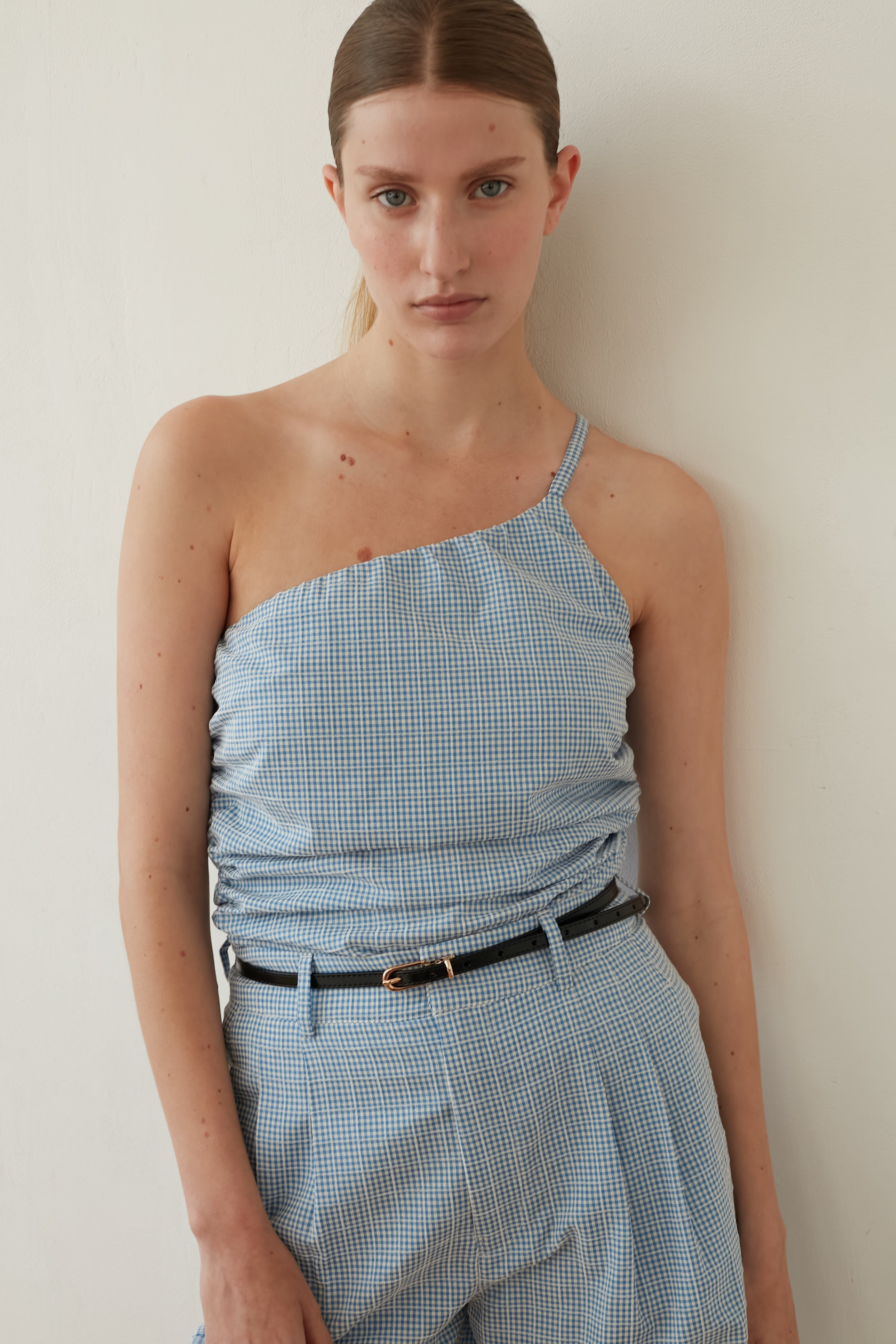 B ONE shoulder blue Plaid