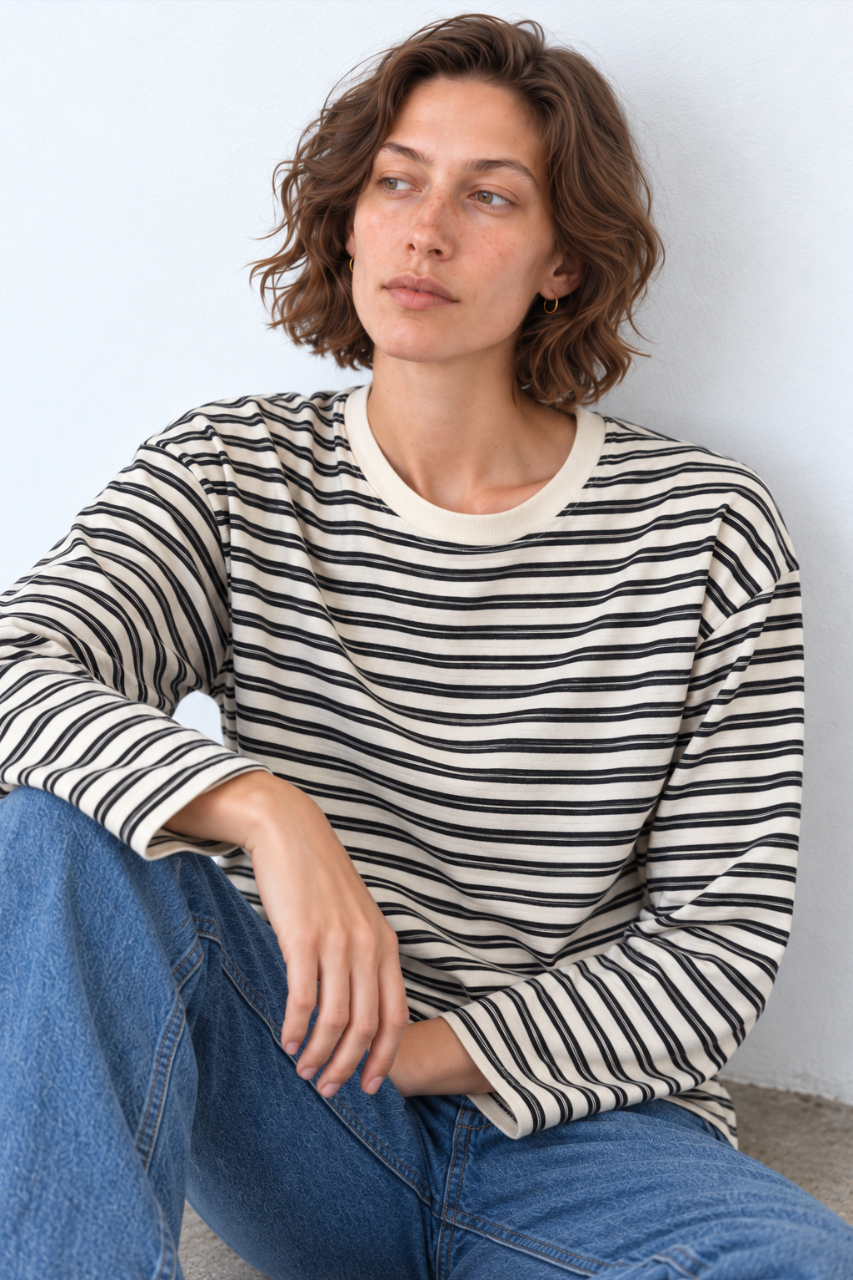 Stripes long T black
