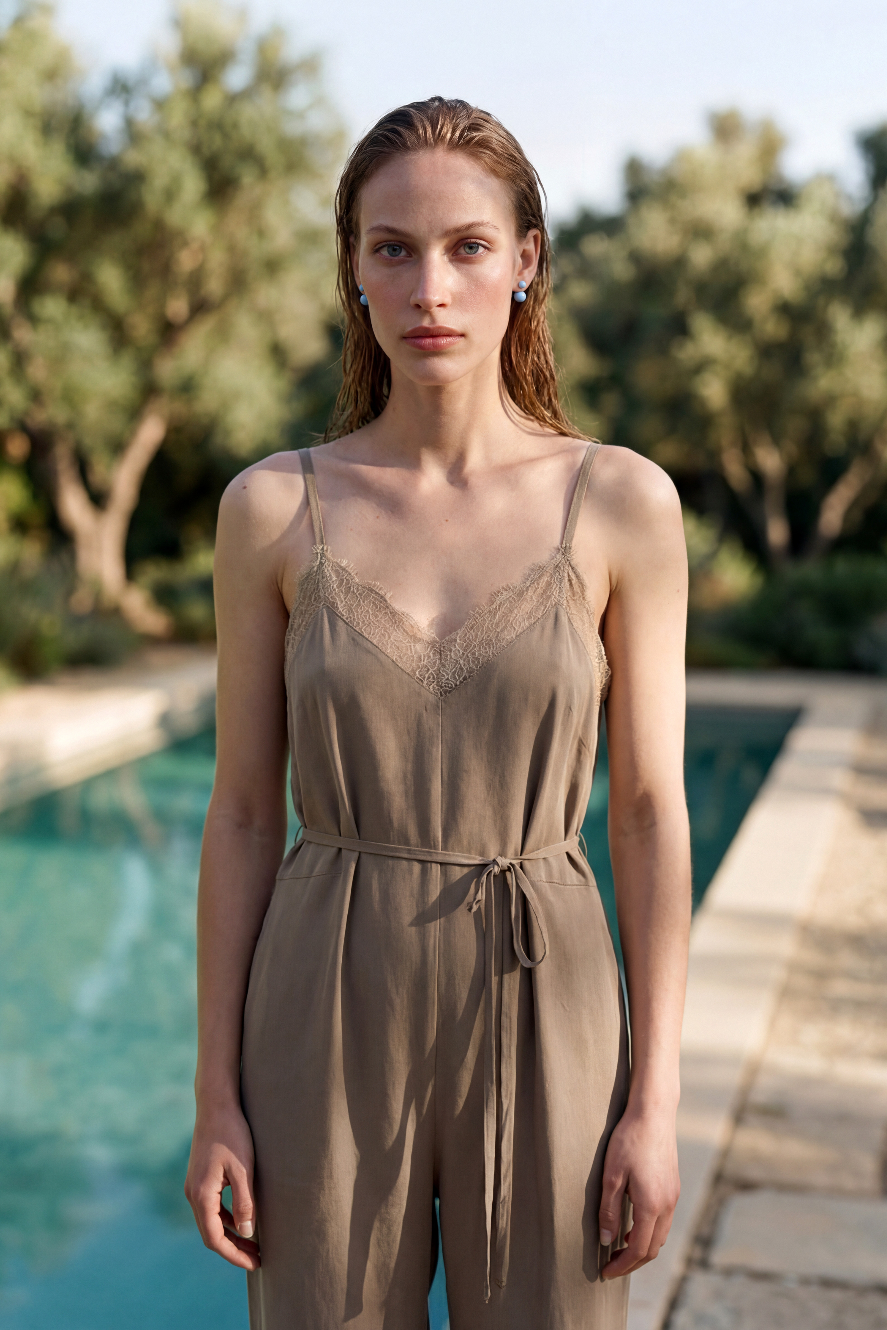 Lace Silk jumpsuit Camel